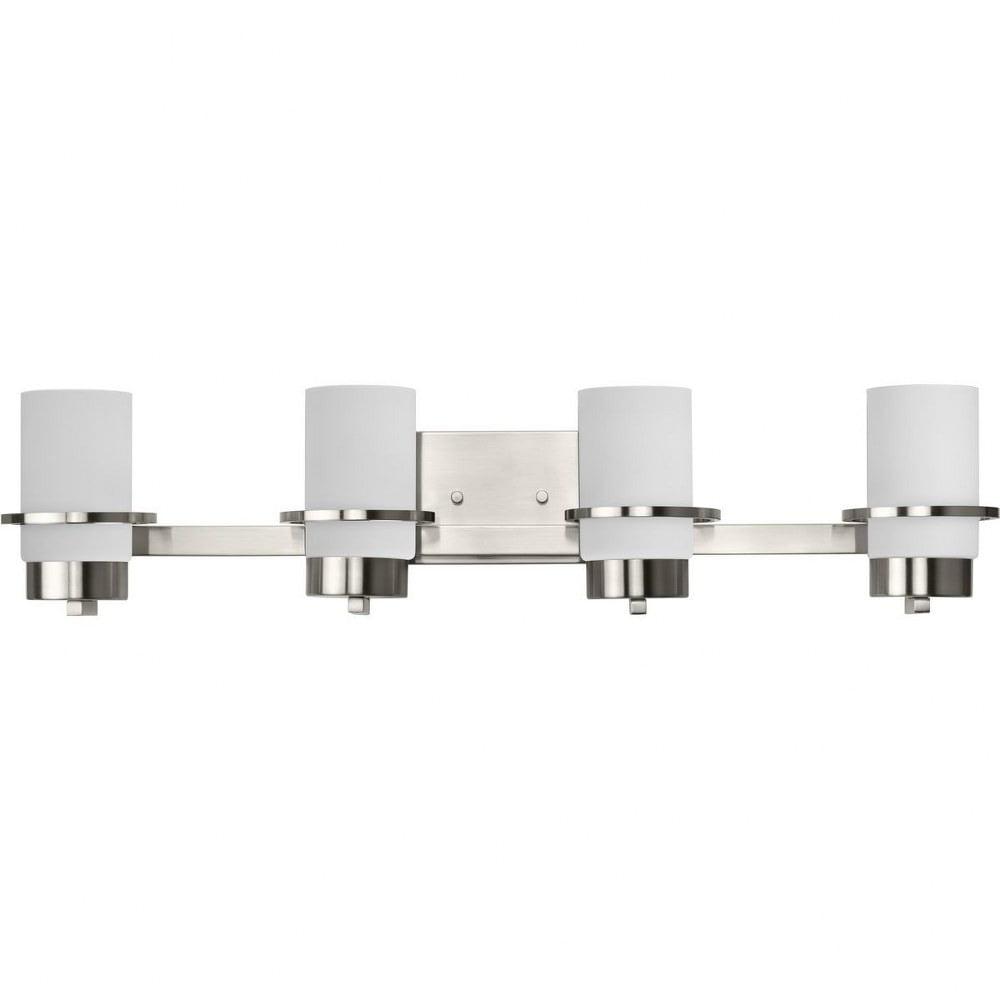 Progress Lighting Reiss 4-Light Vanity Light, Brushed Nickel, White Glass Shades