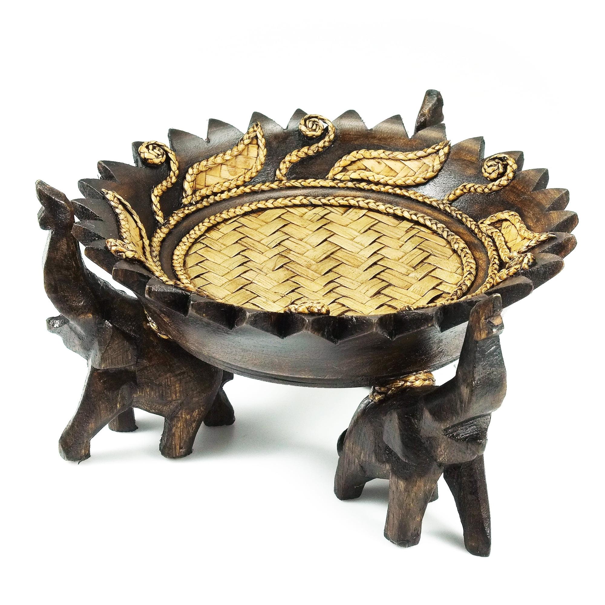 Handmade Rain Tree Wood Elephant Carved Decorative Bowl