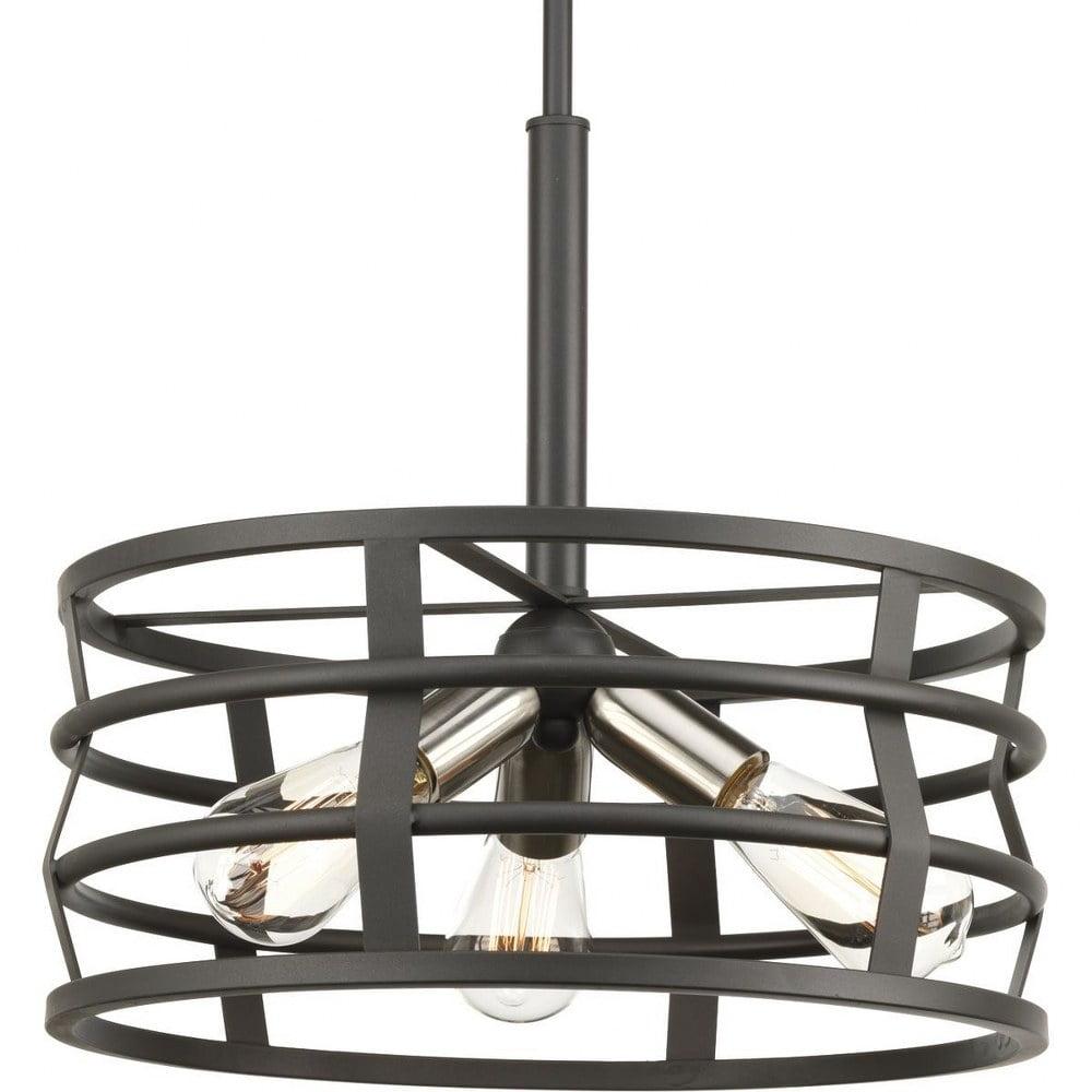 Progress Lighting Remix 3-Light Pendant, Steel, Graphite, Open Cage Design, Brushed Nickel Accents, Canopy Included