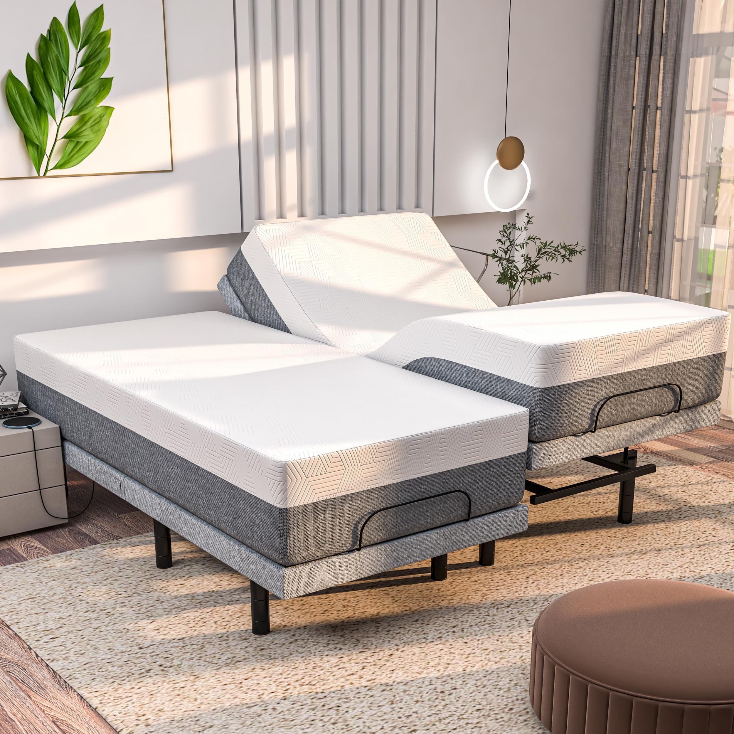 Renanim Serenityflex Adjustable Base & Hybrid Mattress – Split King-Size Adjustable Base with 12 in. Cooling Gel Mattress, Massage, USB Ports, Remote & Under-Bed Light – Reclining Electric Bed Frame