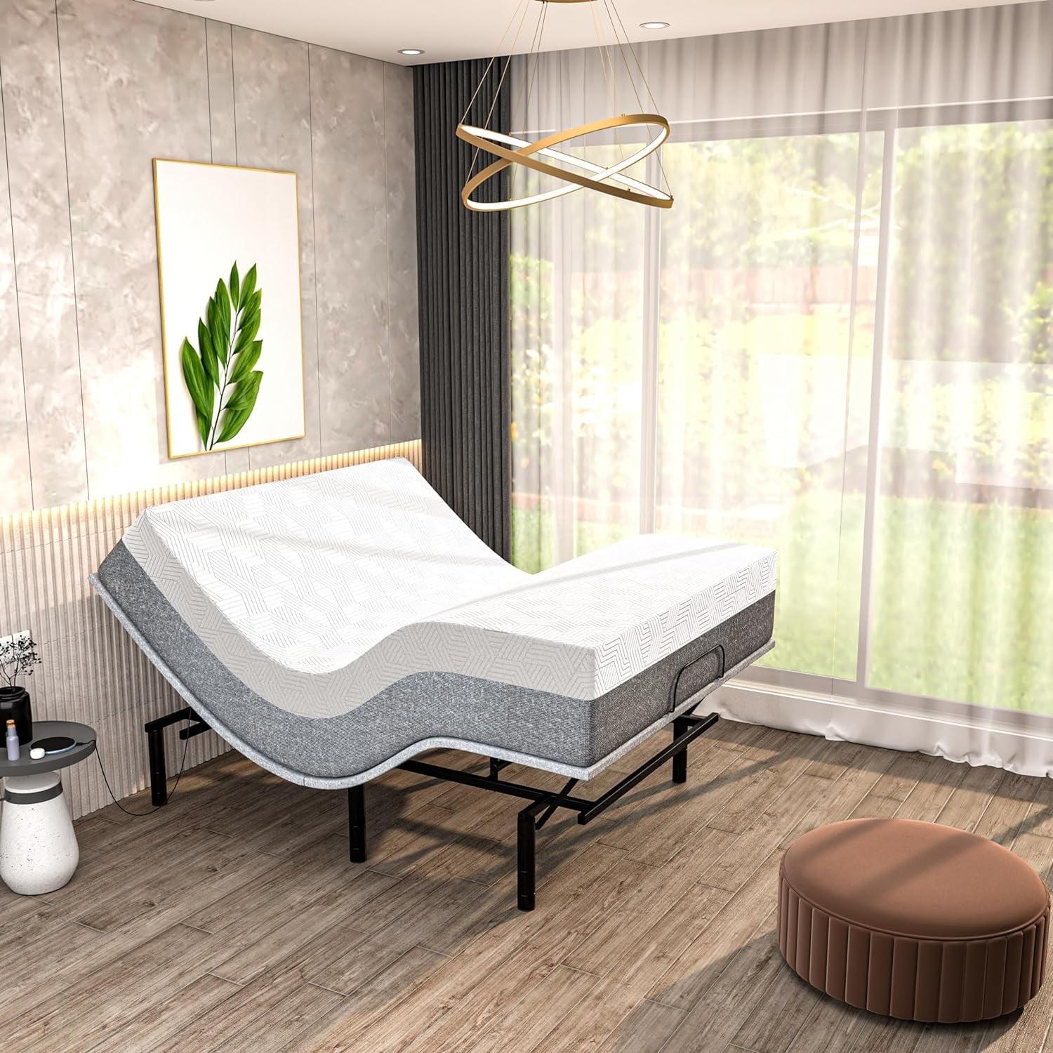 Renanim SF Elite Adjustable Bed With 10" Hybrid Mattress Included Massage, Usb, Underbed Light, Wireless Remote & App Control Zero Gravity Bed