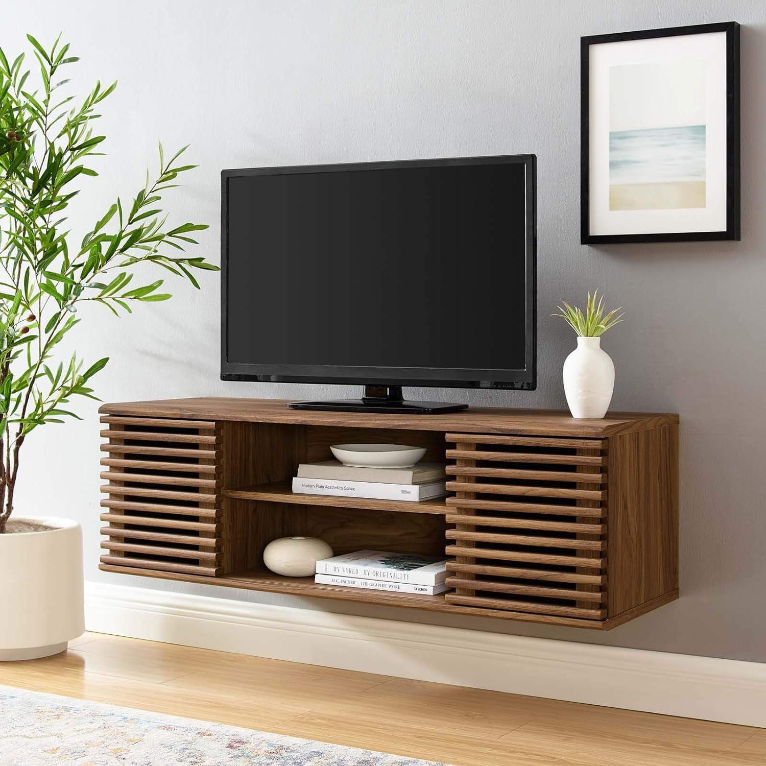 Retro Walnut Grain 46" Wall-Mount Media Console with Sliding Doors