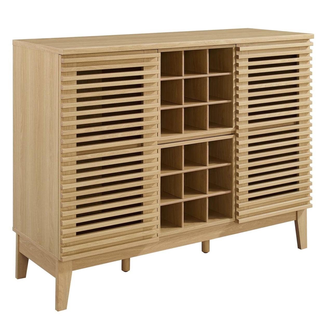 Mid-Century Slatted Oak Bar Cabinet with Integrated Wine Rack