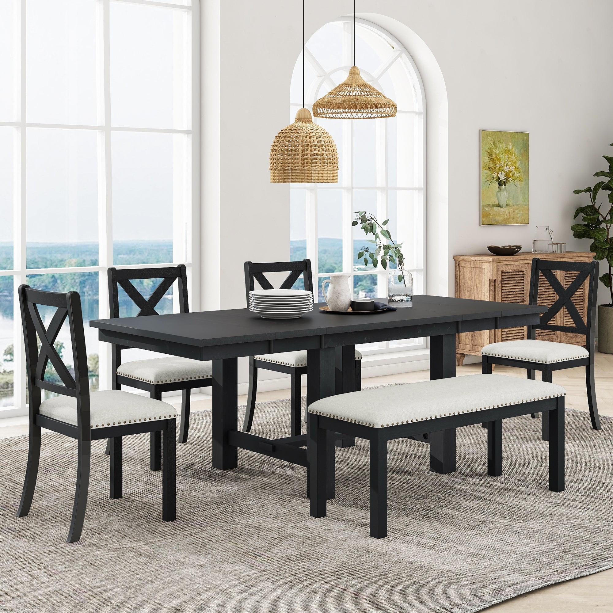 Black Acacia Wood Extendable Dining Set with Bench and 4 Chairs