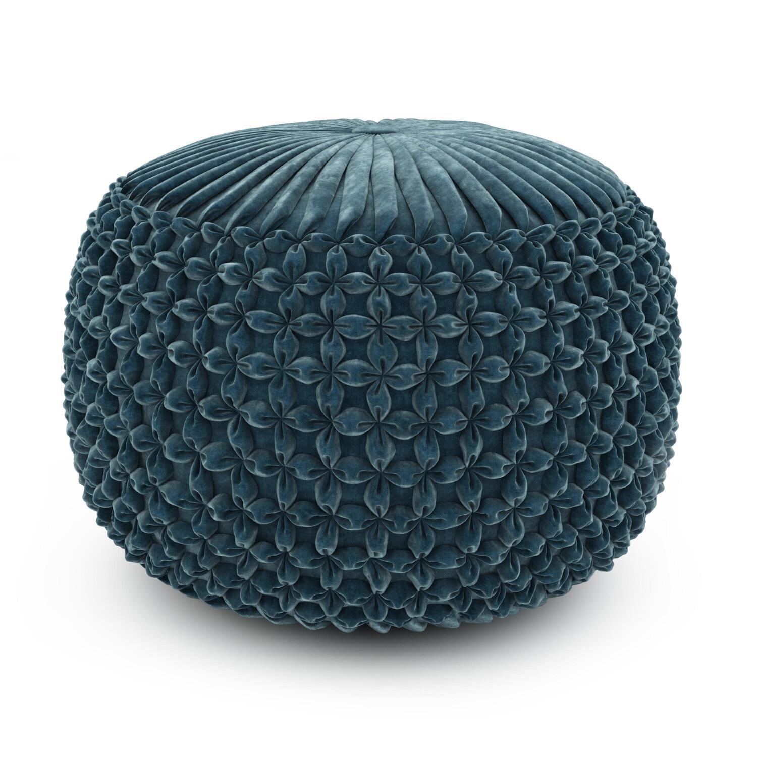 Teal Velvet Tufted Round Pouf Ottoman