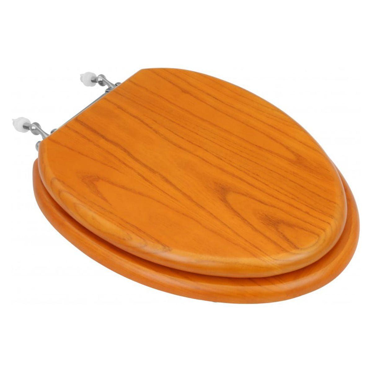 Golden Oak Elongated Wooden Toilet Seat with Chrome Hinges