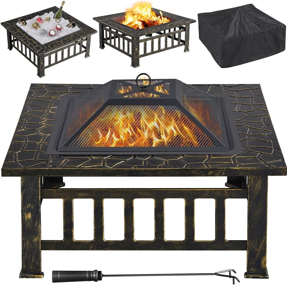 Topeakmart 32'' Outdoor Metal Square Fire Pit with Cover & Poker, Bronze