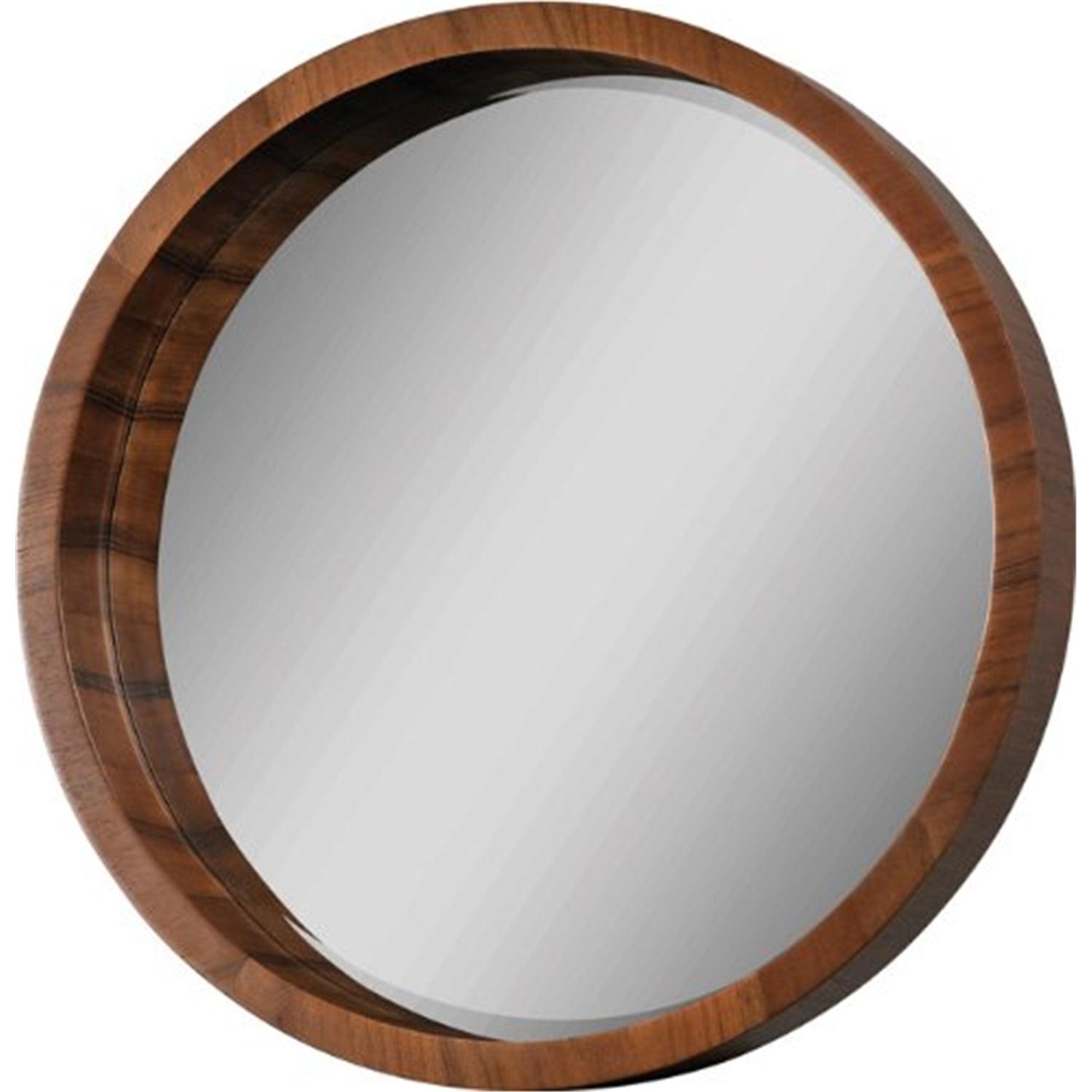 Large Round Walnut Veneer Wood Wall Mirror