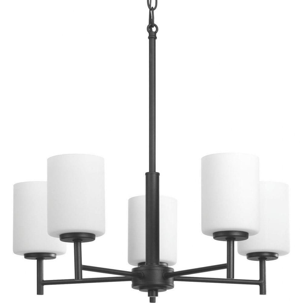 Black Steel 5-Light Chandelier with White Glass Shades