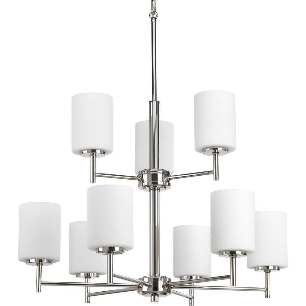 Progress Lighting, Replay Collection, 9-Light Chandelier, Brushed Nickel, White Glass Shades