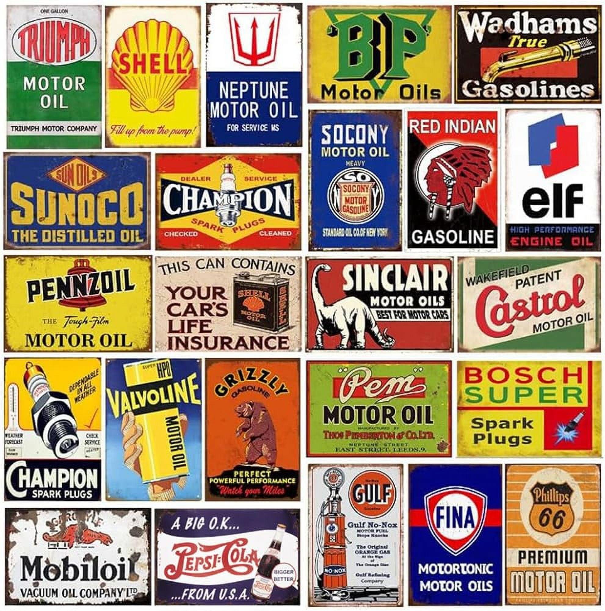 Reproduced Vintage Tin Sign Pack, Gas Oil Retro Advert Antique Metal Signs for Garage Man Cave Bar Kitchen, Nostalgic Car Decor, 8x12 Inch (35 Pieces A)