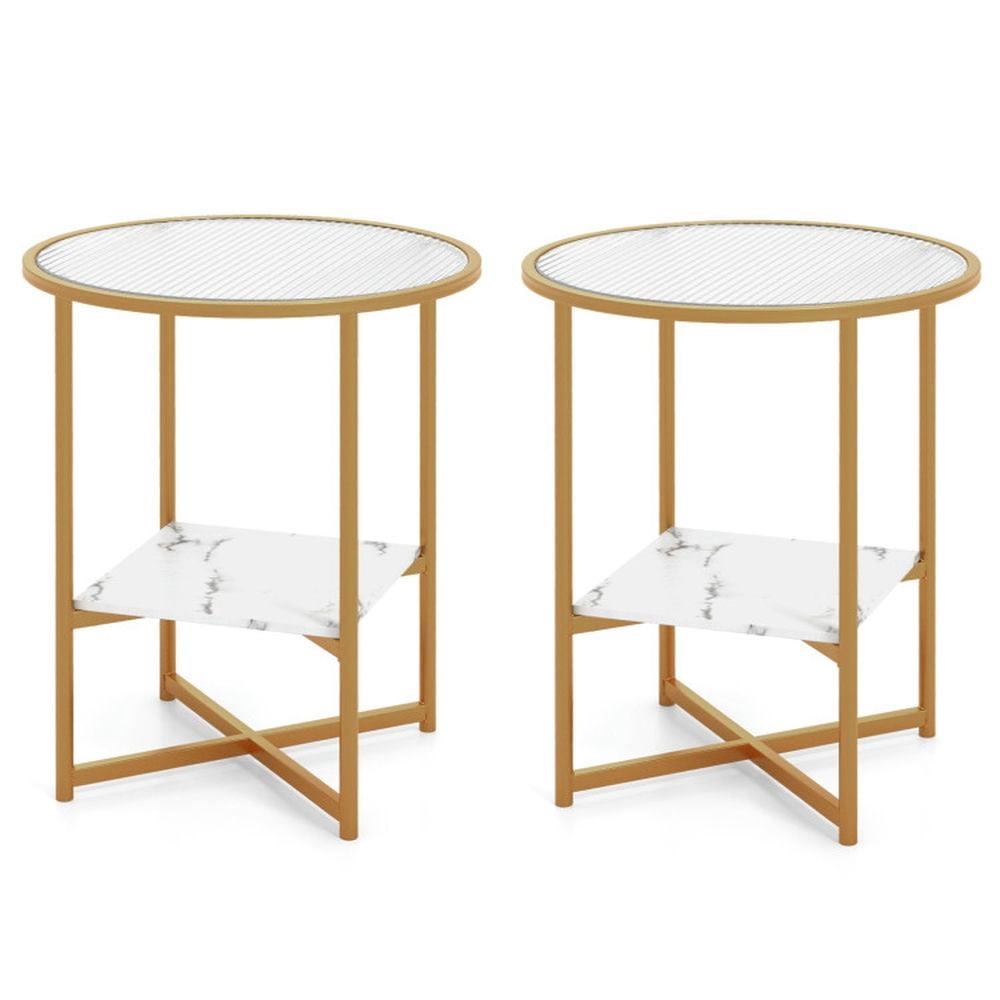 Canddidliike 2-Tier Glass End Table Set of 2 with Faux Marble Storage Shelf-White, Modern Nightstand, End Table for Bedroom Living Room