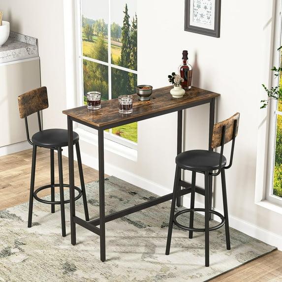 PAPROOS Bar Table Set for 2, 3 Pcs Pub Bistro Table and PU Upholstered Stools with Backrest, Industrial Counter Height Dining Table and Chairs for Kitchen Breakfast Nook Balcony, Rustic Brown