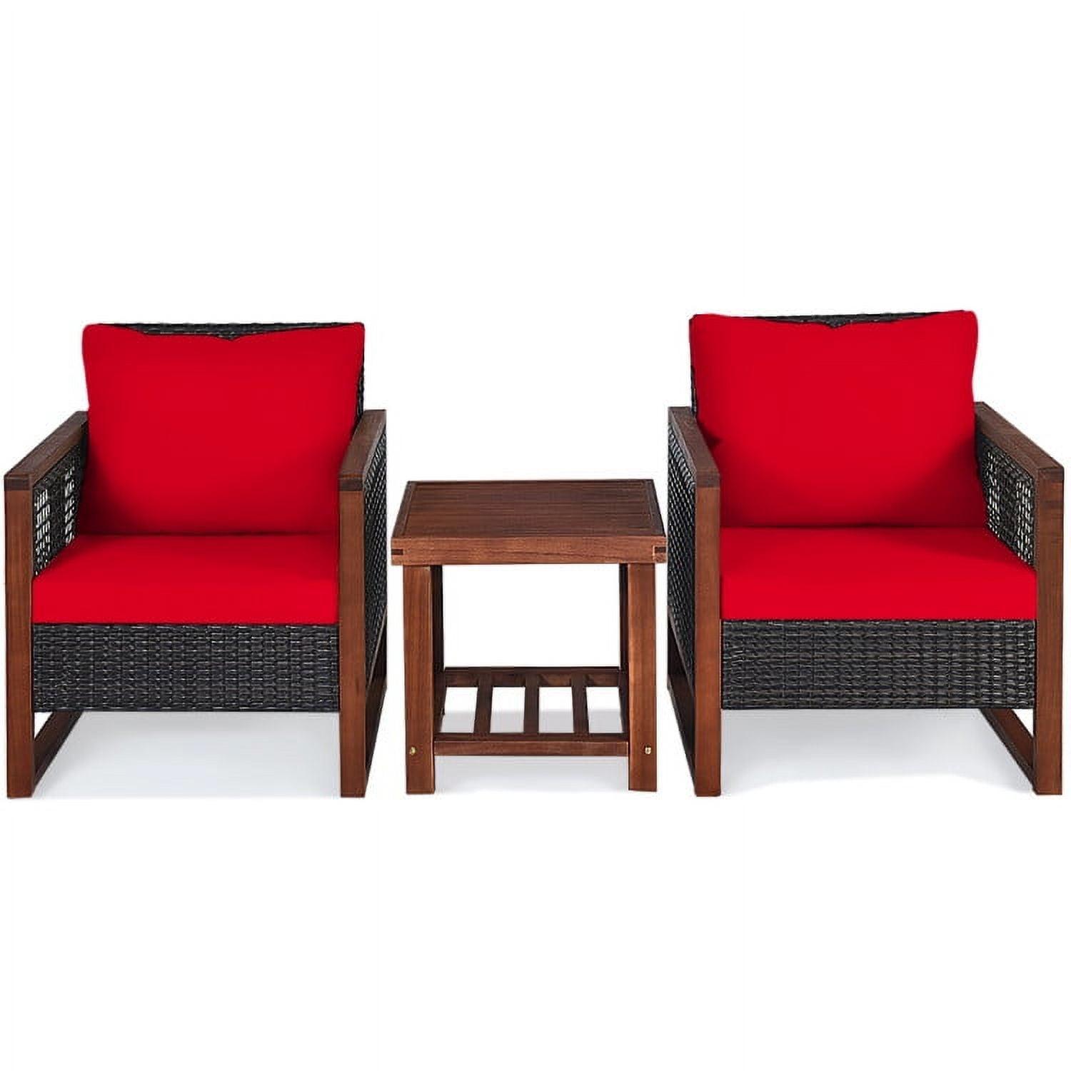 Costway 3PCS Patio Wicker Furniture Set Solid Wood Frame Cushion Sofa w/ Square Table Shelf Red