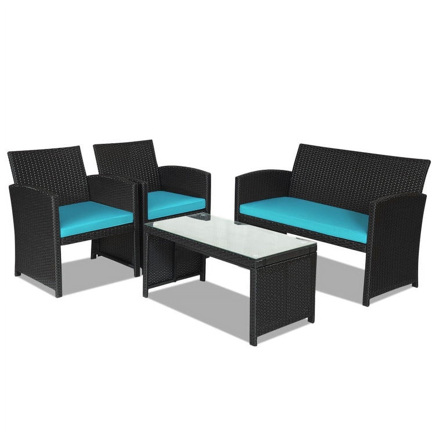 Resenkos 4 Pieces Patio Rattan Furniture Set, Outdoor Patio Furniture Set with Weather Resistant Cushions and Tempered Glass Tabletop-Turquoise