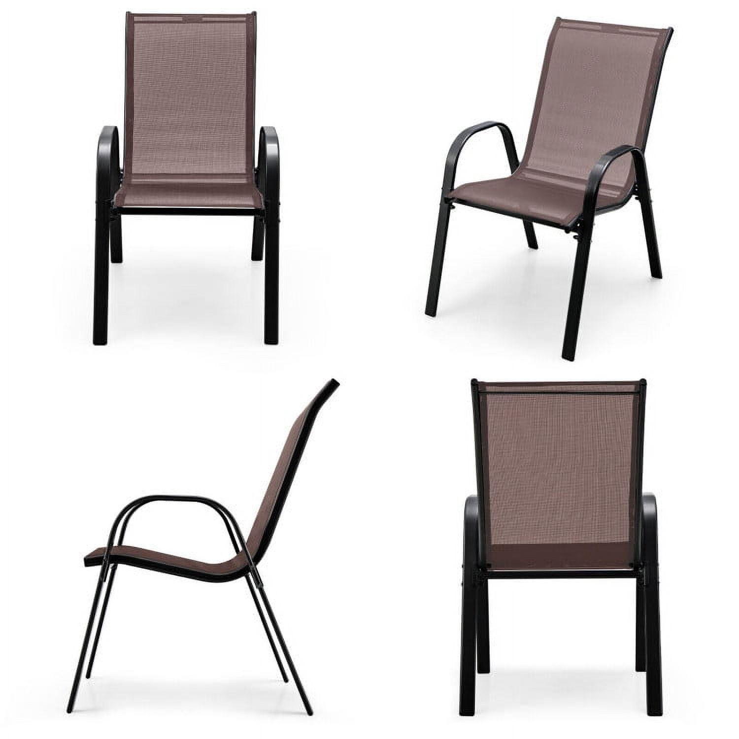 Tangkula 4PCS Patio Stacking Dining Chairs w/ Curved Armrests & Breathable Seat Fabric Brown