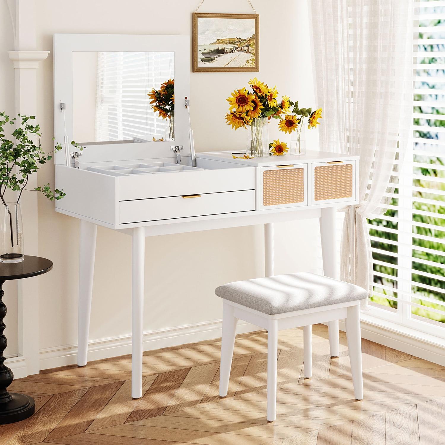 White Wood Vanity Desk with Flip-top Mirror and Cushioned Stool