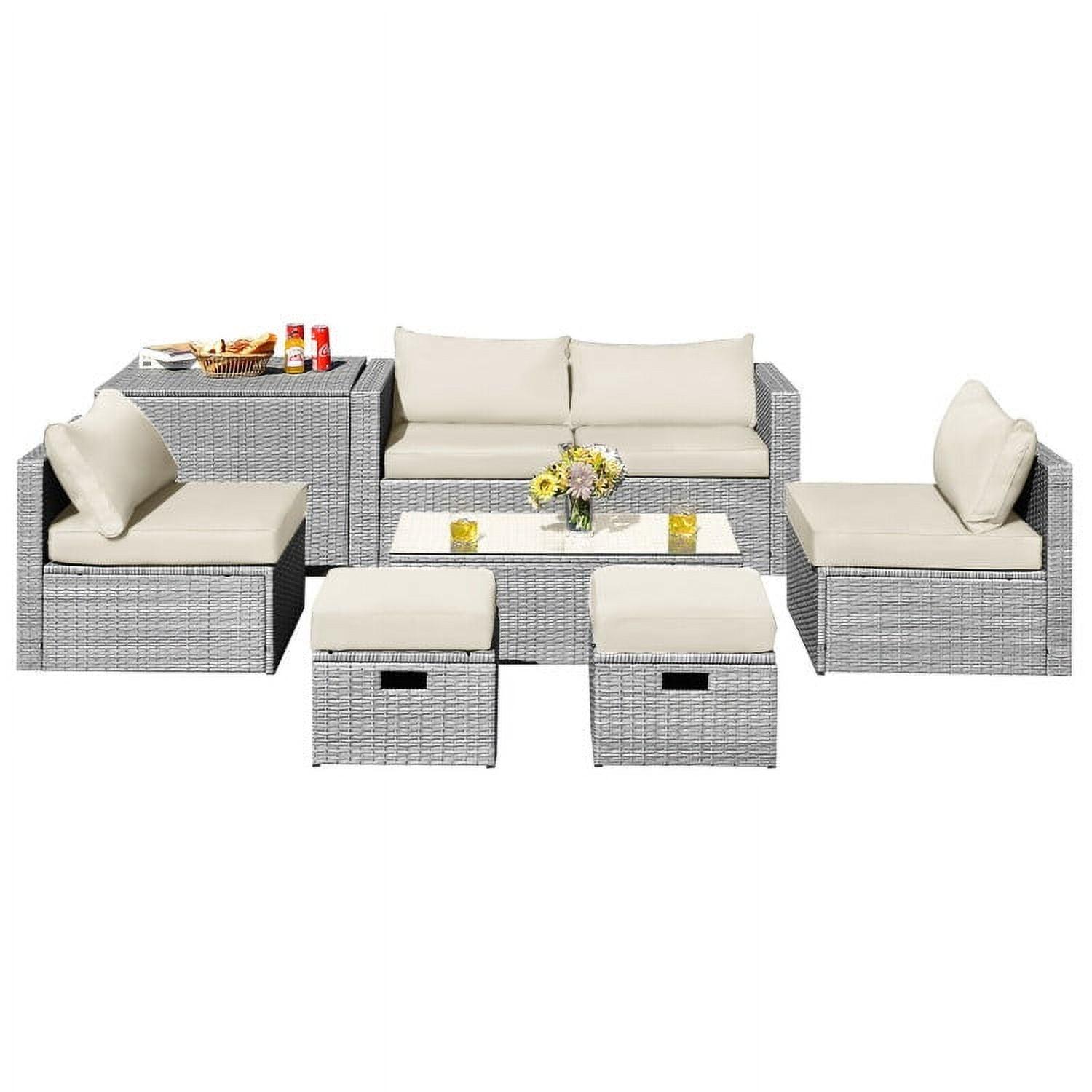 8-Piece Gray Rattan Outdoor Patio Furniture Set with Off-White Cushions