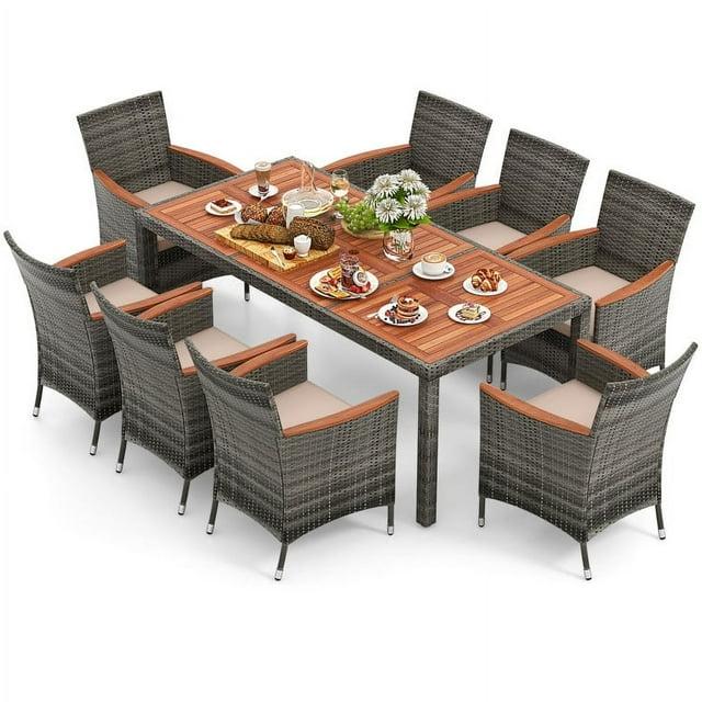 Costway 9PCS Patio Rattan Dining Set Mix Gray Acacia Wood Table Cushioned Chair