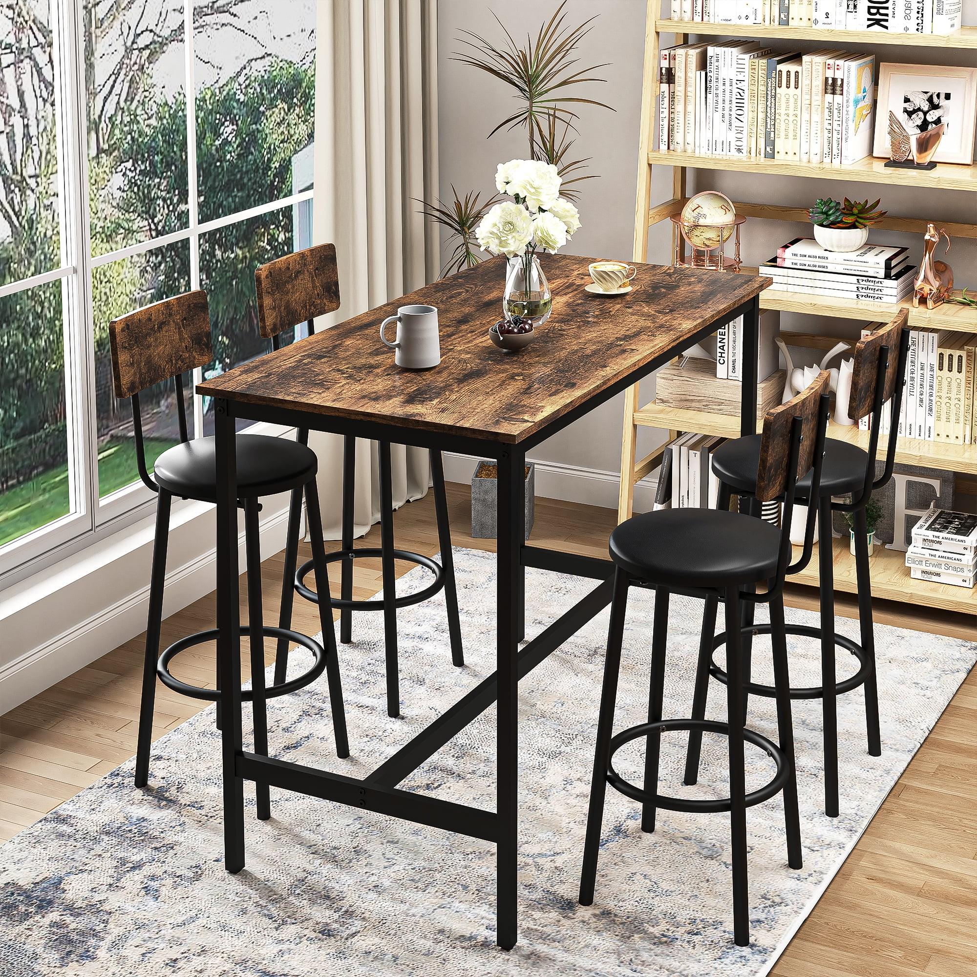 Resenkos Antique Brown 5 Piece Dining Table Wood Set with Set of 4 Bar Stool, Kitchen Breakfast Table for 4