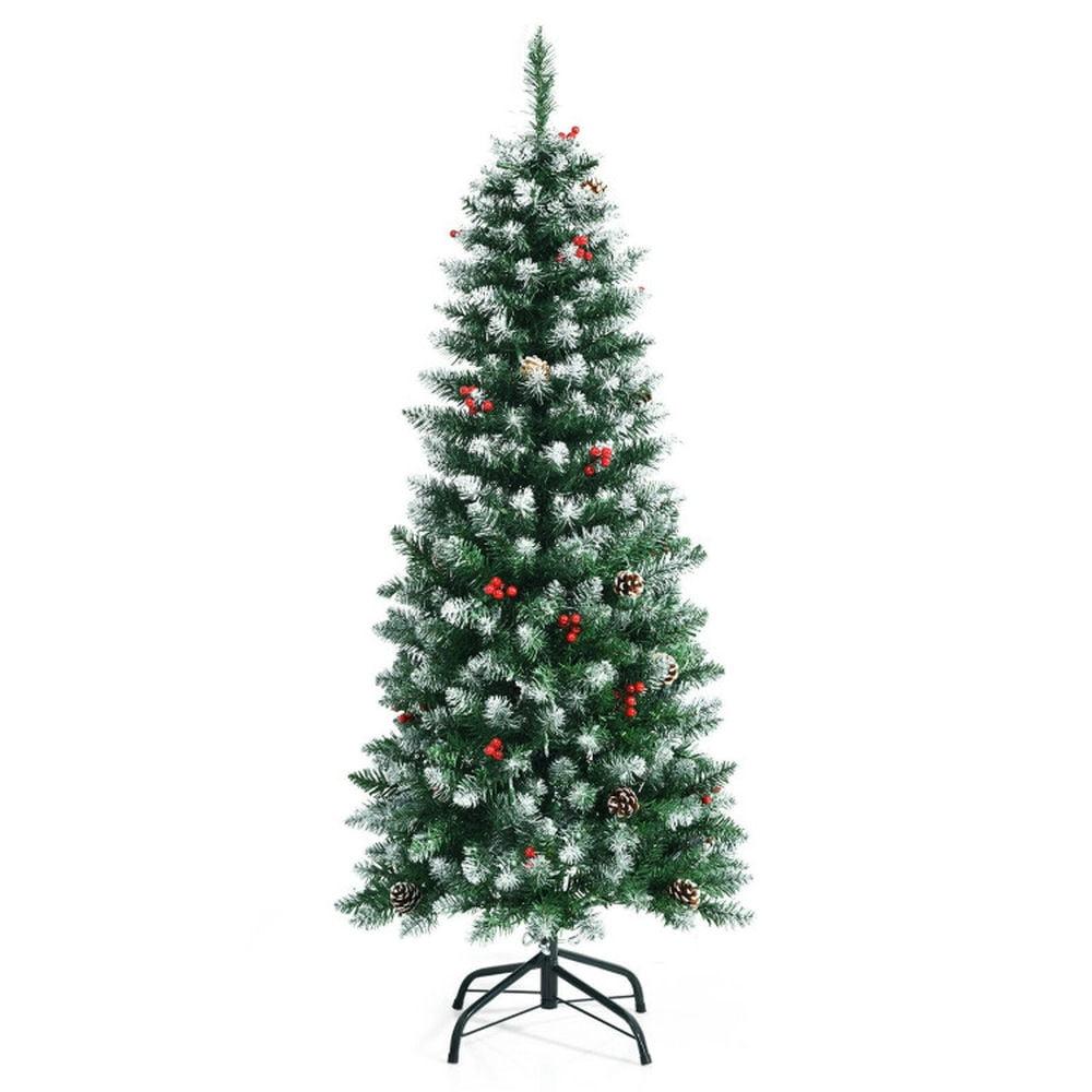 5 ft Green Pre-Lit Pencil Christmas Tree with Pine Cones and Red Berries