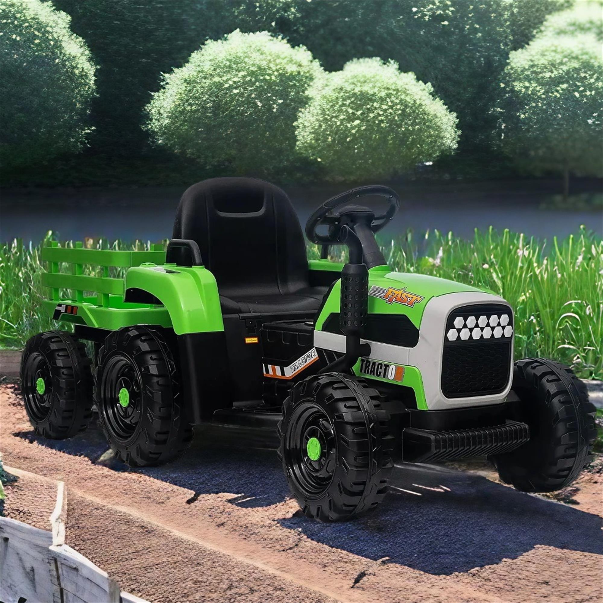 Green 12V Ride-On Tractor with Trailer and Remote Control