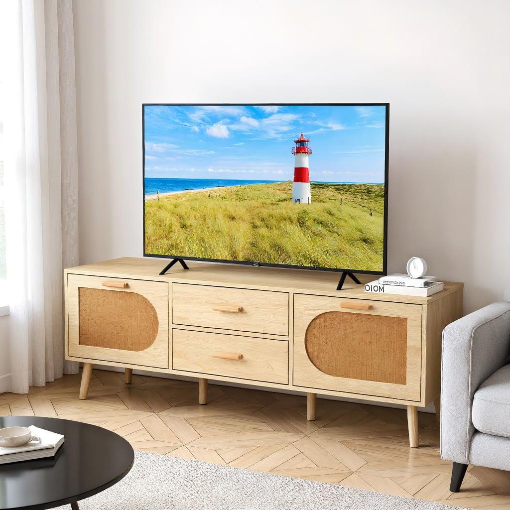 Resenkos Entertainment TV Stand,Entertainment CenterRattan TV Stand for 65-Inch TV with Drawers and Solid Wood Legs-Natural