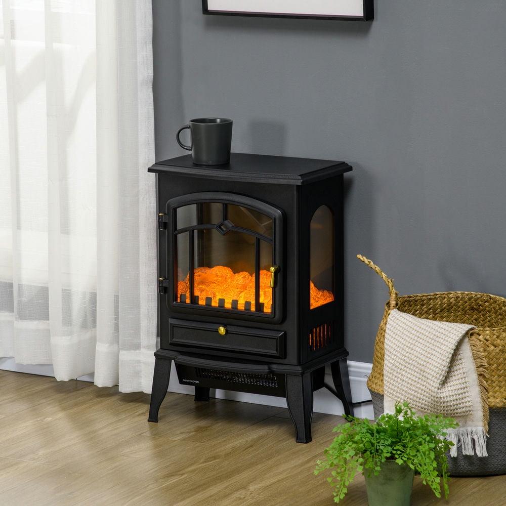 Black Electric Freestanding Fireplace Heater with Realistic Flame