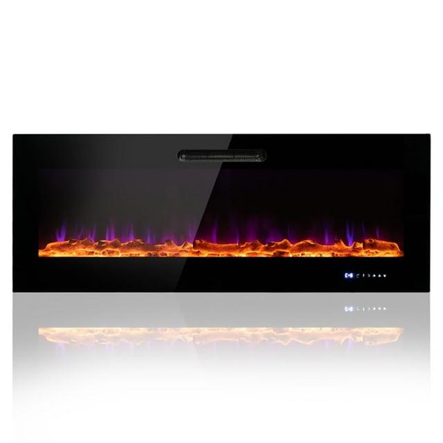 Costway 50'' Electric Fireplace Recessed Wall Mounted Heater W/ Decorative Crystal & Log