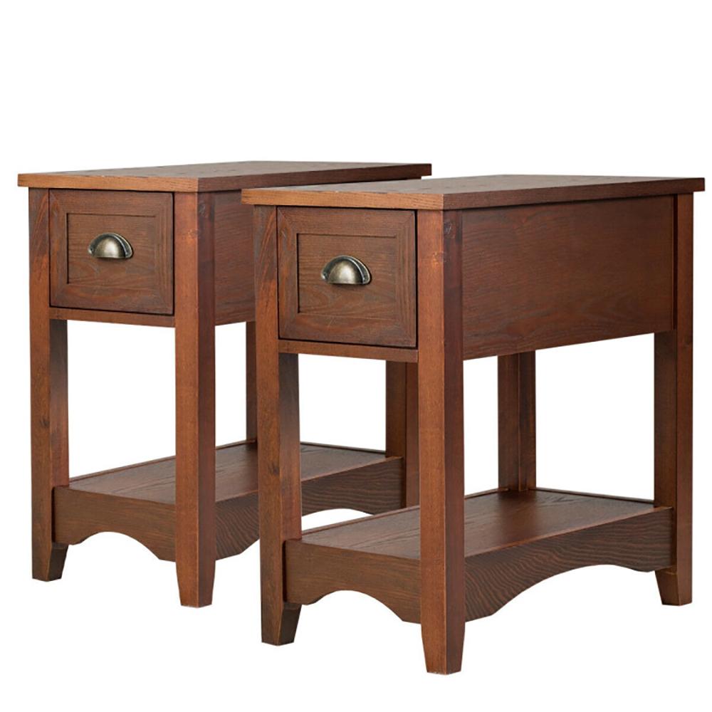 Canddidliike Set of 2 Contemporary Side End Table with Drawer-Walnut, Modern Nightstand, End Table for Bedroom Living Room