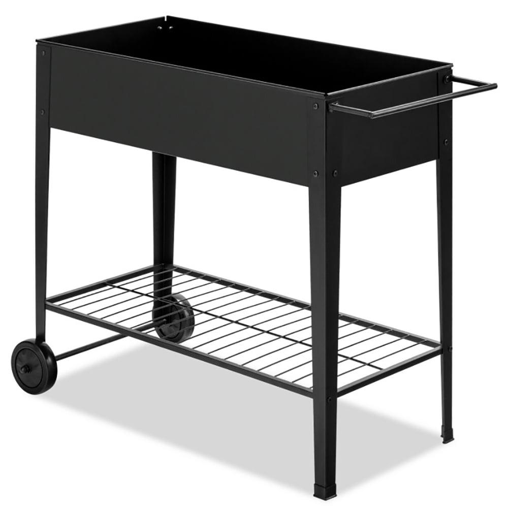 Black Iron Raised Garden Bed with Wheels and Shelf