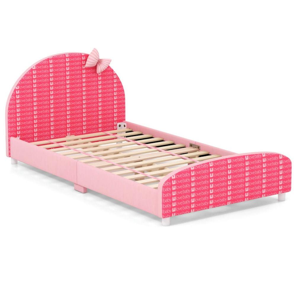 Honeyjoy Children Twin Size Upholstered Platform Single Bed with Headboard & Footboard Pink