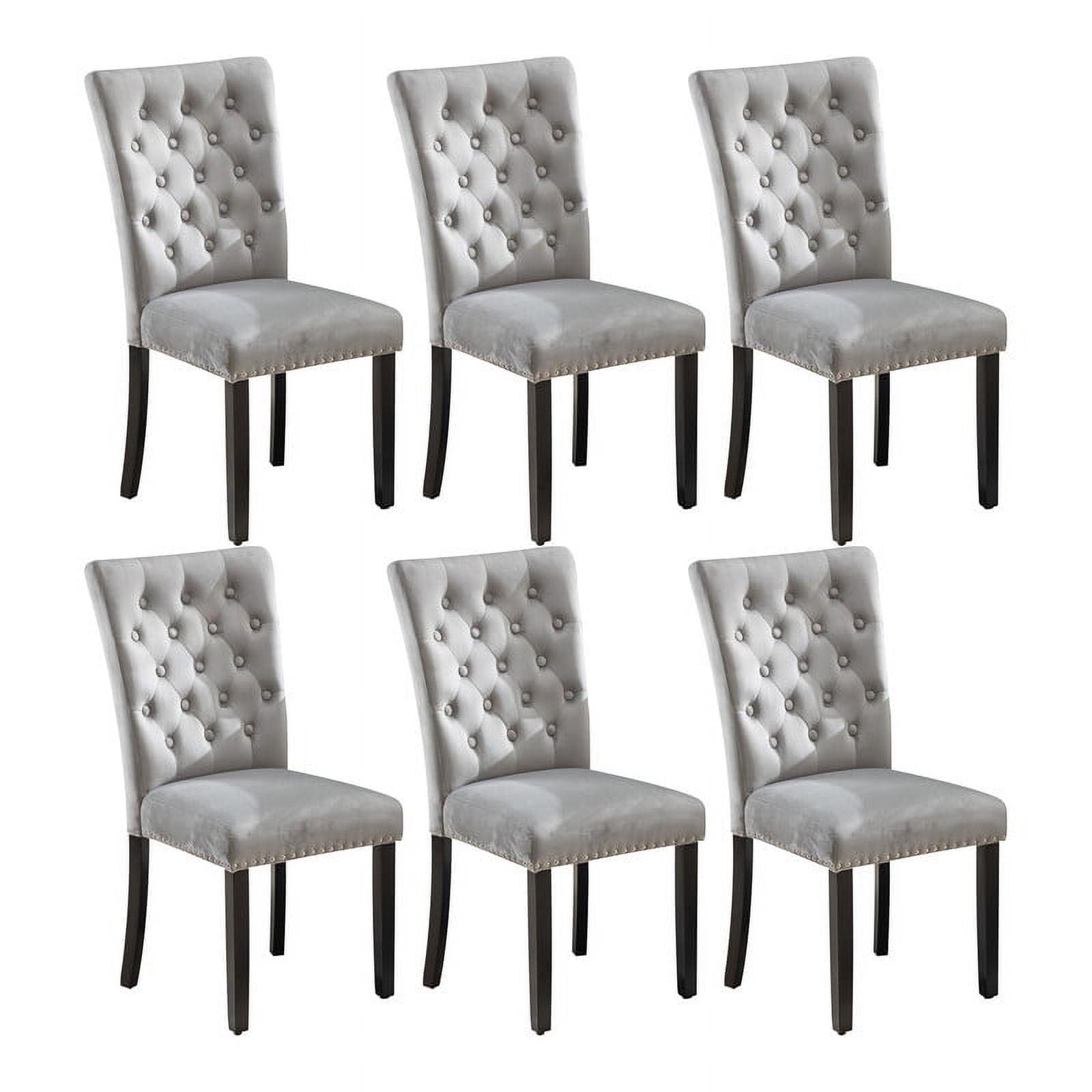 Gray Velvet Upholstered High Back Dining Chairs with Wood Legs, Set of 6