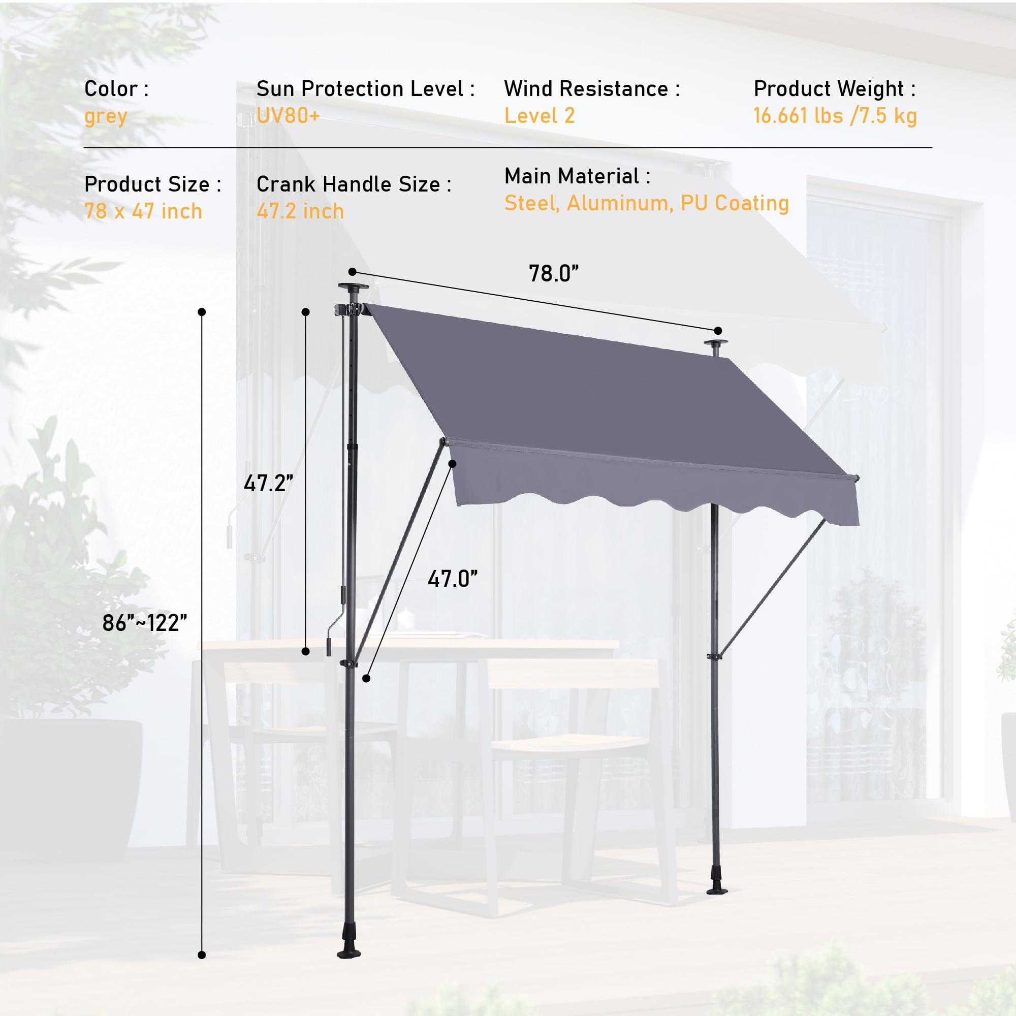 Gray 78'' x 47'' Polyester Retractable Patio Awning with UV Protection