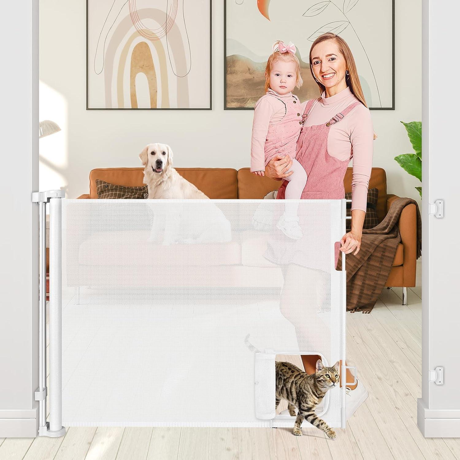 White Retractable Baby Gate with Pet Door for Stairs