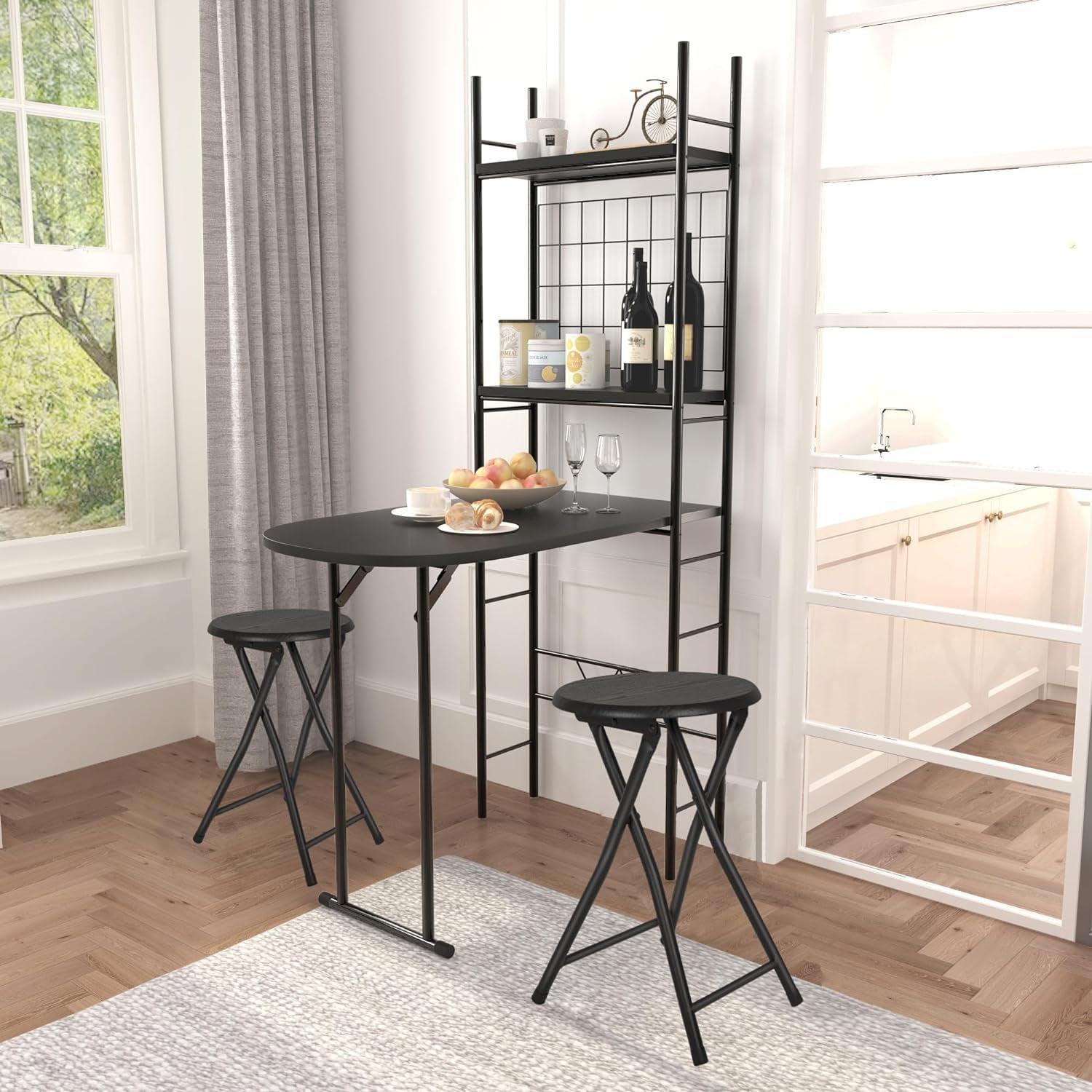 Black 3-Piece Folding Kitchen Table Set with Round Stools