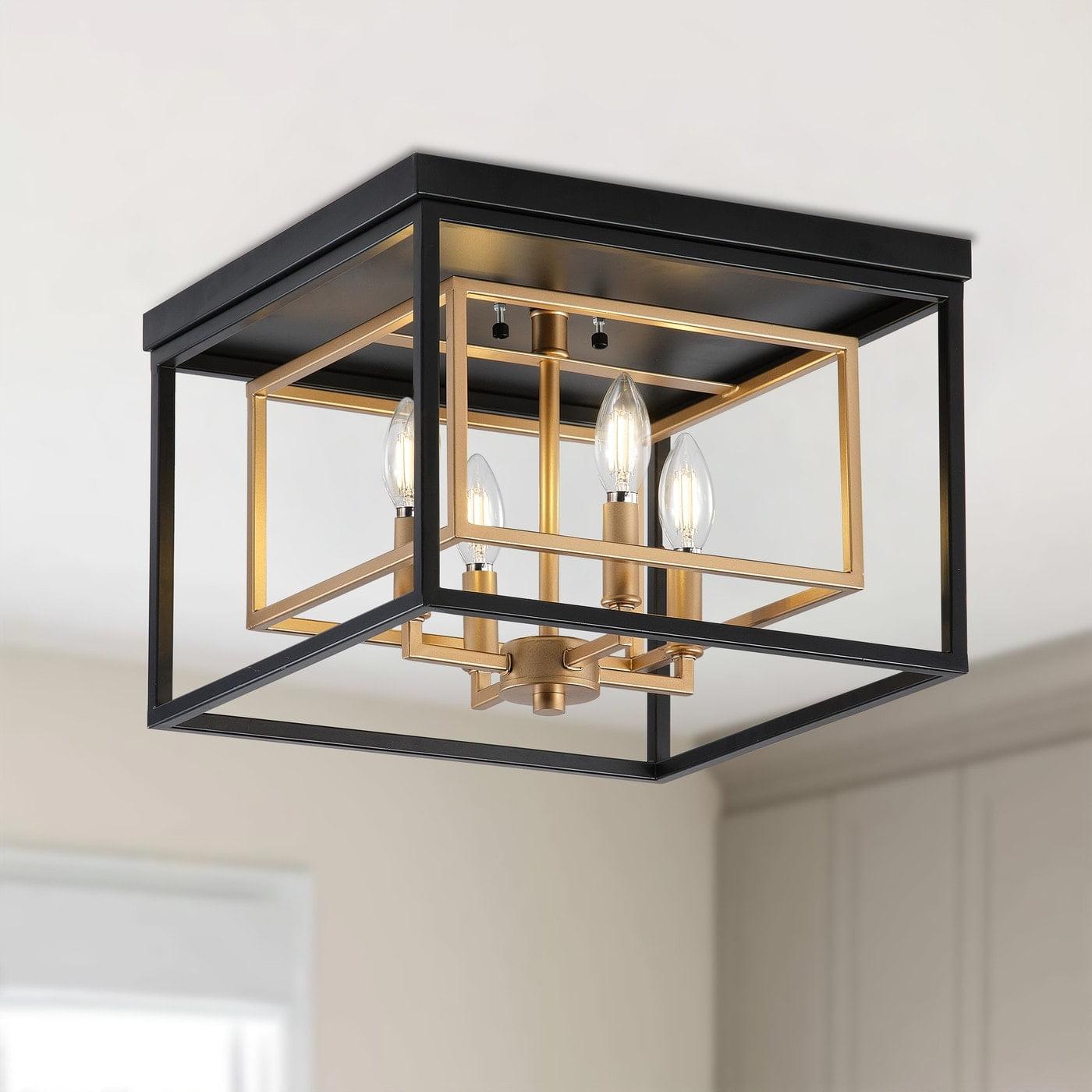 Black and Gold Industrial 4-Light Metal Flush Mount Ceiling Fixture