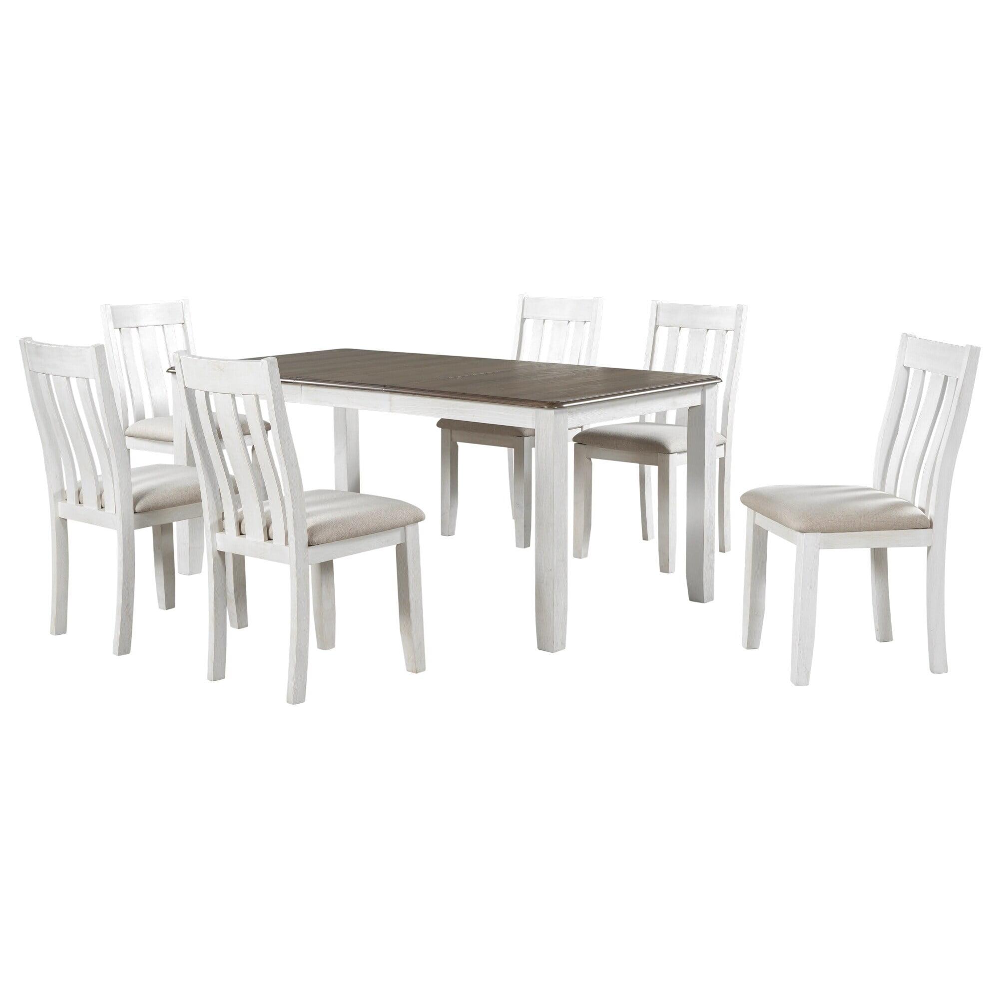 Retro White and Brown 7-Piece Dining Table Set with Linen Chairs