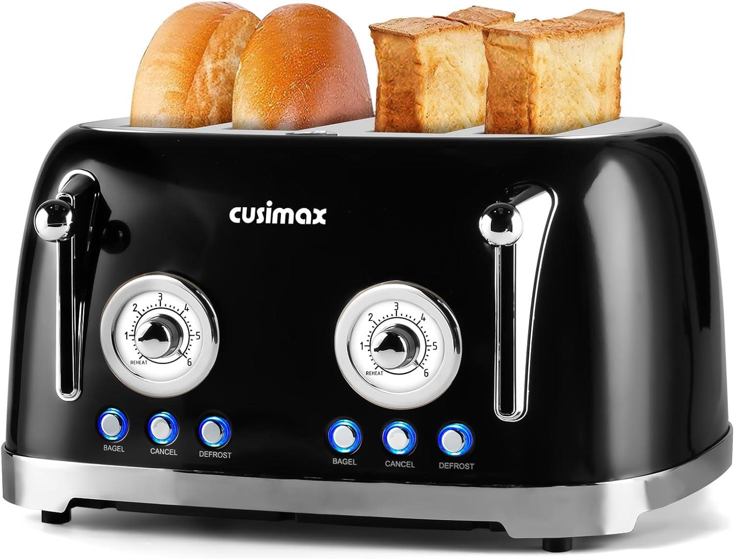 CUSIMAX 4-Slice Retro Toaster, Wide Slots for Bagels, 6 Toast Settings, Dual Controls, Black