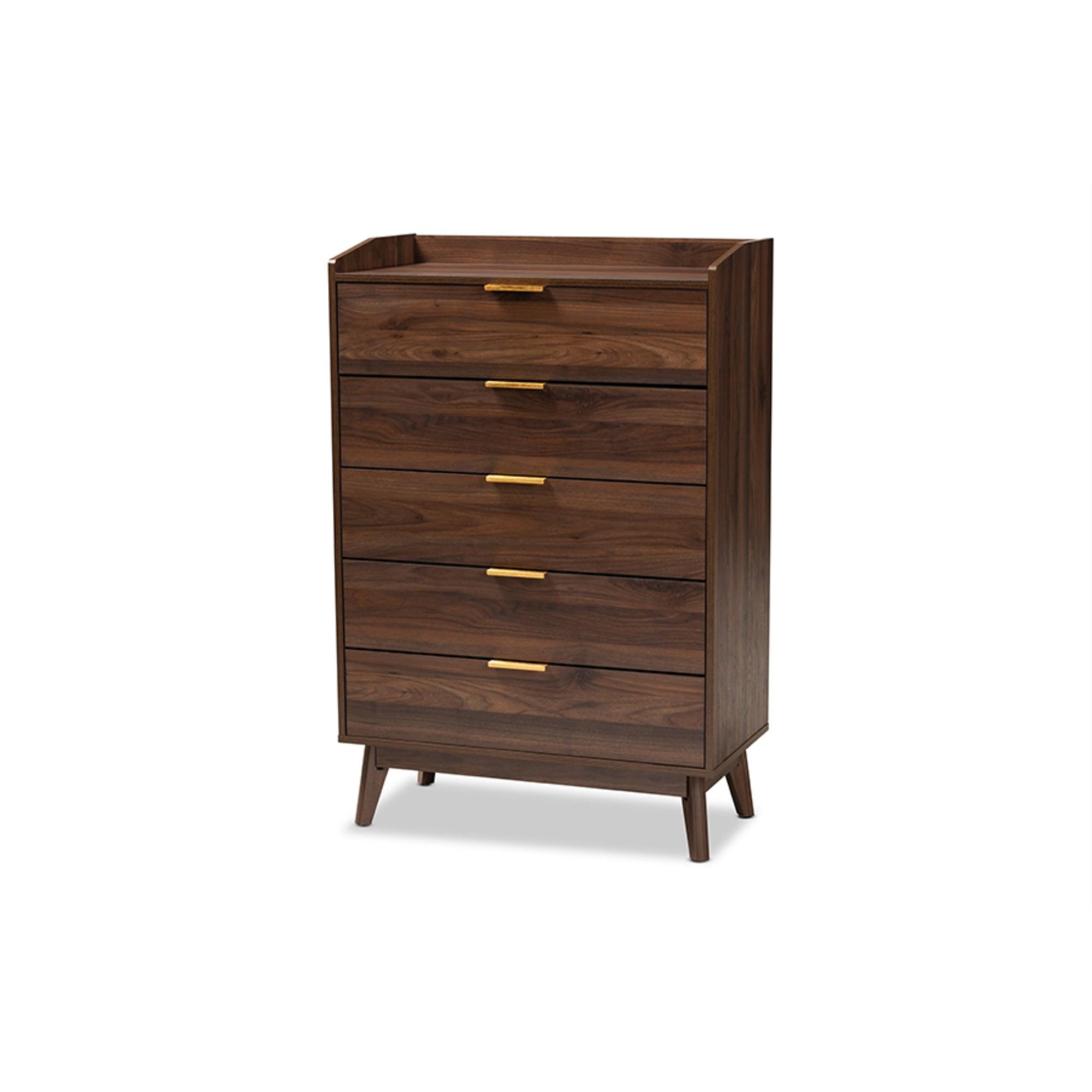 Walnut Brown Mid-Century 5-Drawer Chest with Gold-Tone Handles