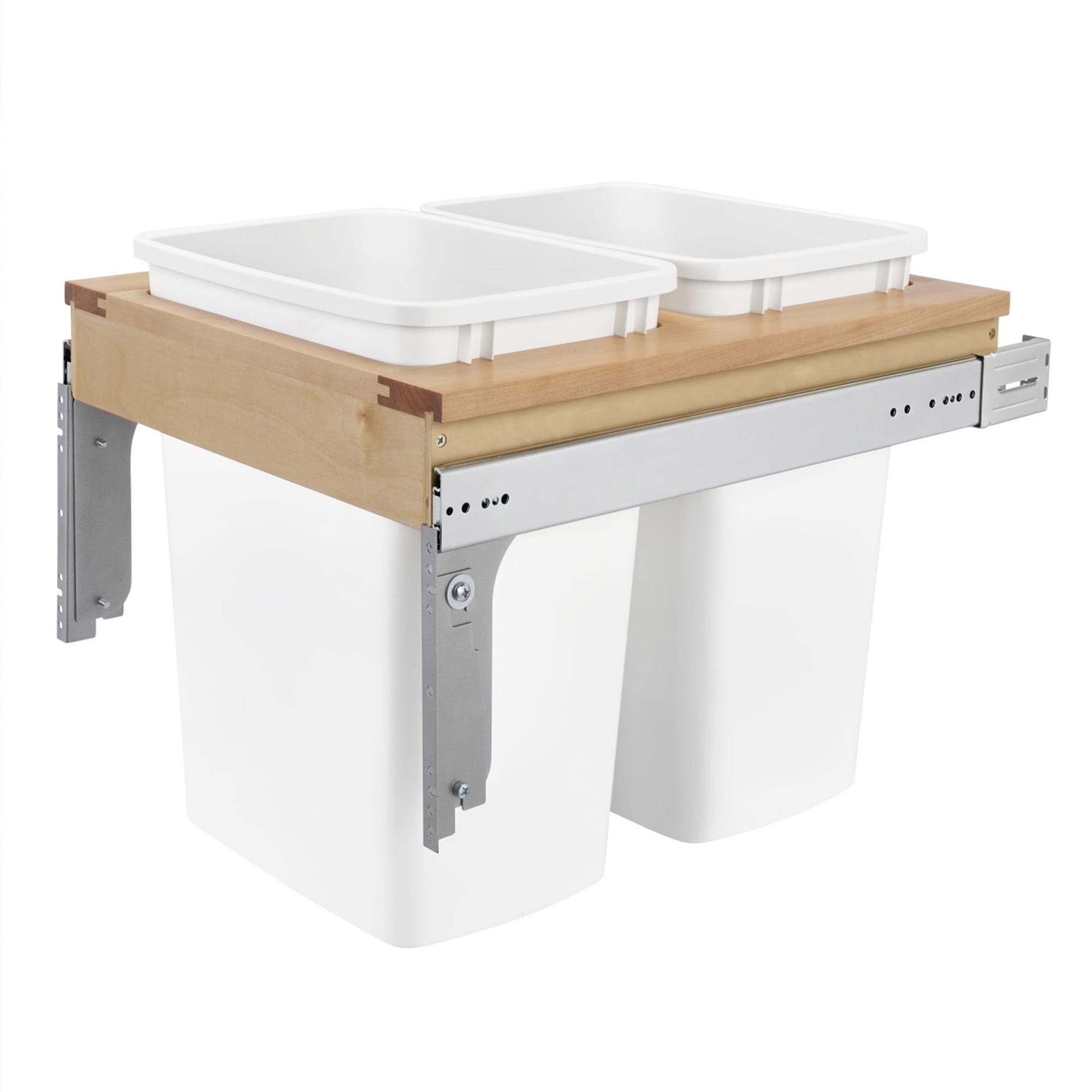 Rev-A-Shelf Double Pullout Trash Can for Base Kitchen/ Bathroom Cabinets, 35 Qt Wood Top Mount Garbage Bin, 18" x 1.5" Face-Frame, White, 4WCTM-21DM2