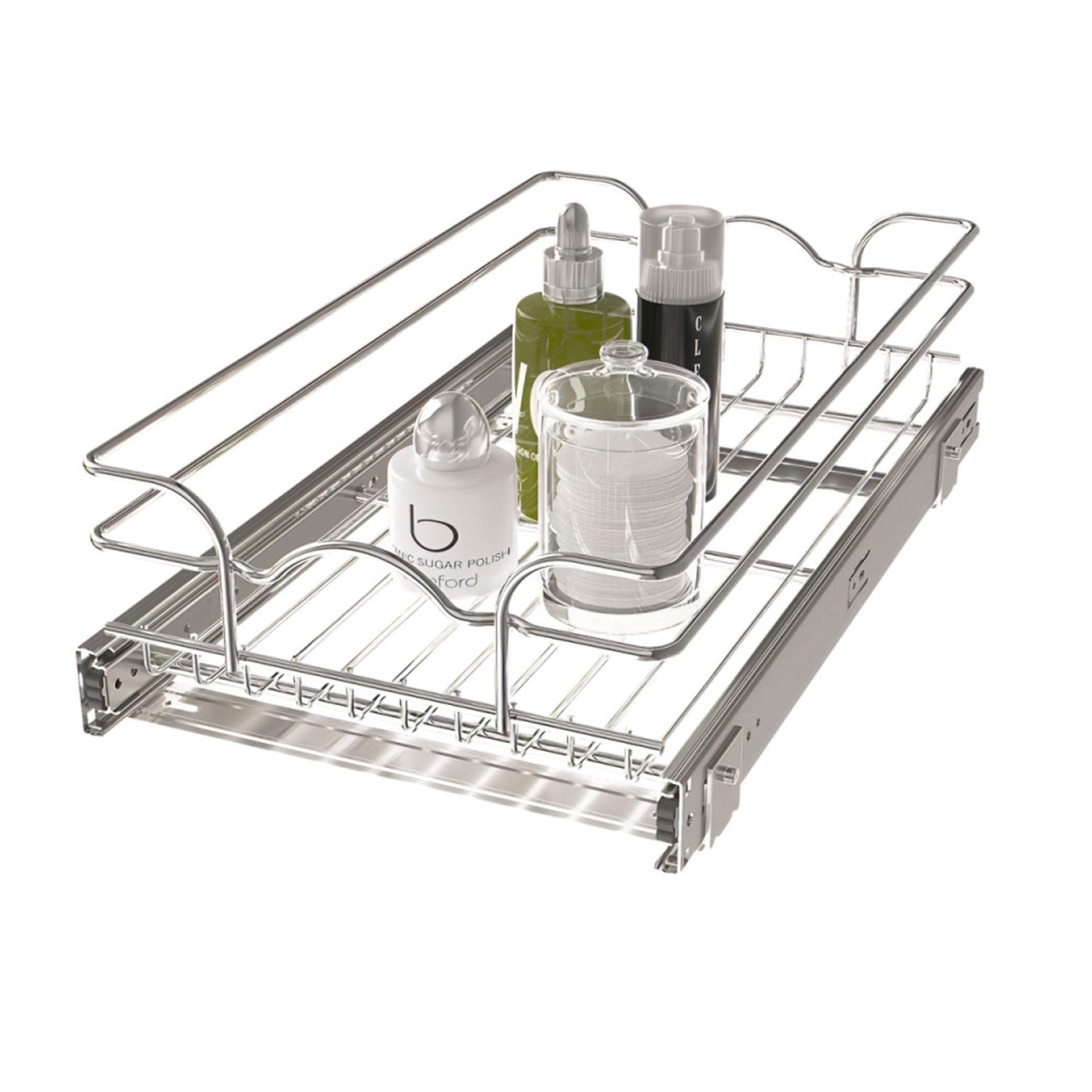 Rev-A-Shelf 5WB1-0918 Single Wire Basket Pull Out Shelf Storage Organizer for Kitchen Base Cabinets, Silver