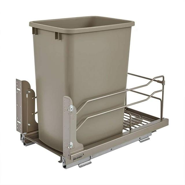 Rev-A-Shelf Pullout Trash Can for Under Kitchen Cabinets 35 Quart  8.75 Gallon with Soft-Close Slides and Rear Storage, Champagne, 53WC-1535SCDM-112
