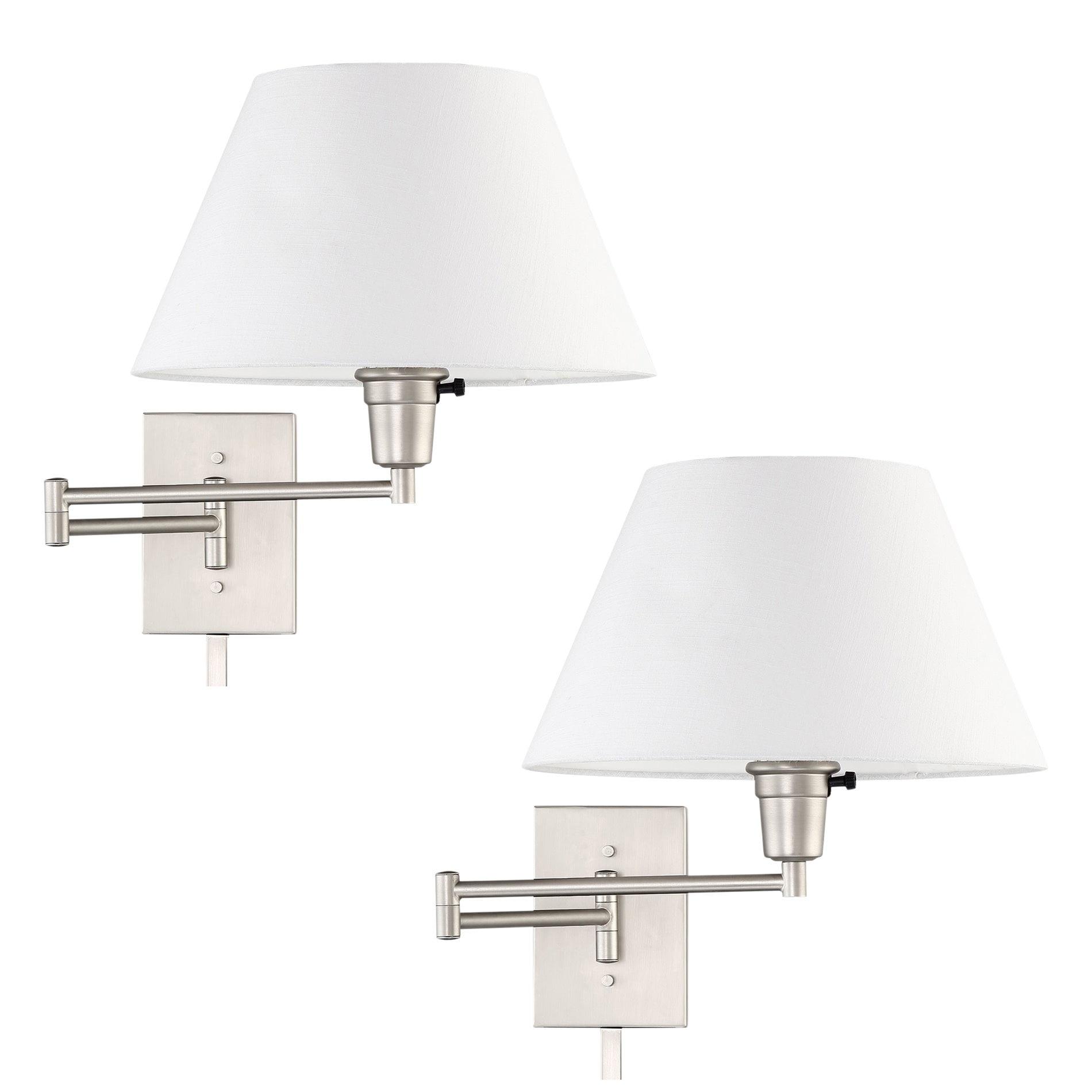 Satin Nickel Swing Arm Wall Lamp with White Linen Shade