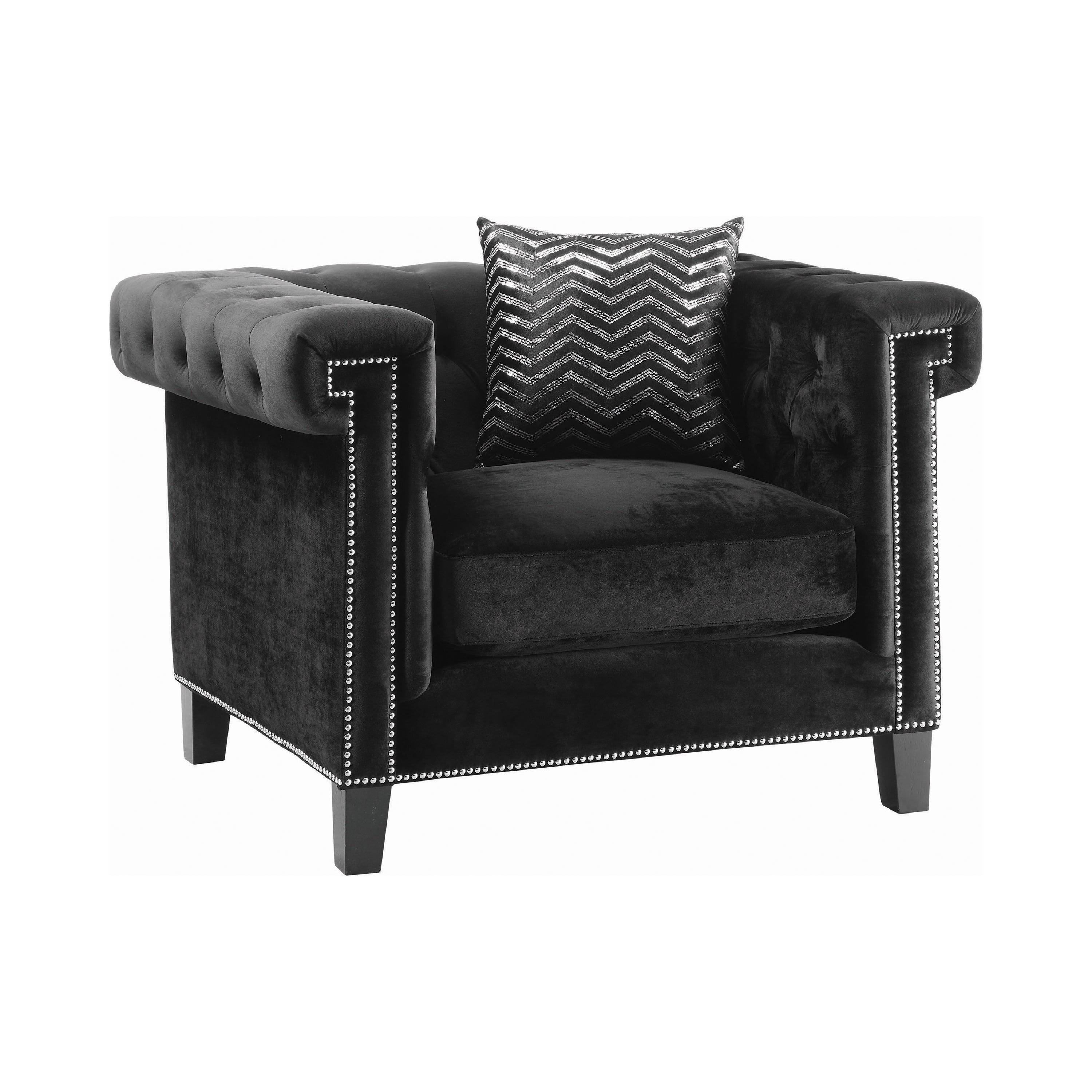 Black Velvet Tufted Stationary Armchair with Nailhead Trim