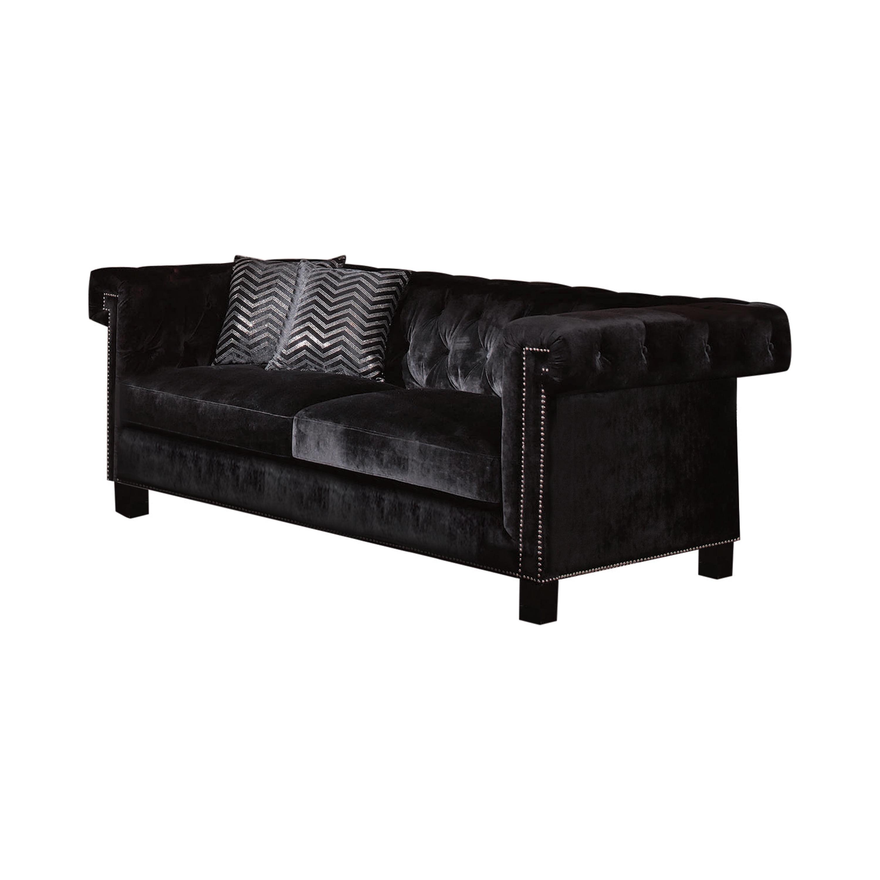 88'' Contemporary Black Velvet Tufted Sofa with Nailhead Trim