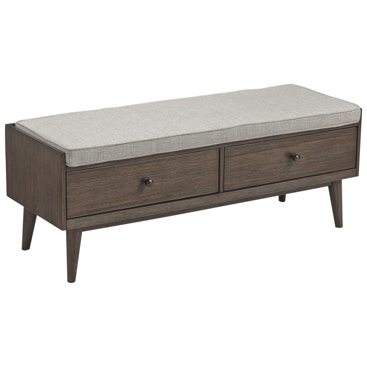 Taupe Brown Wooden Storage Bench with Reversible Fabric Seat and 2 Drawers