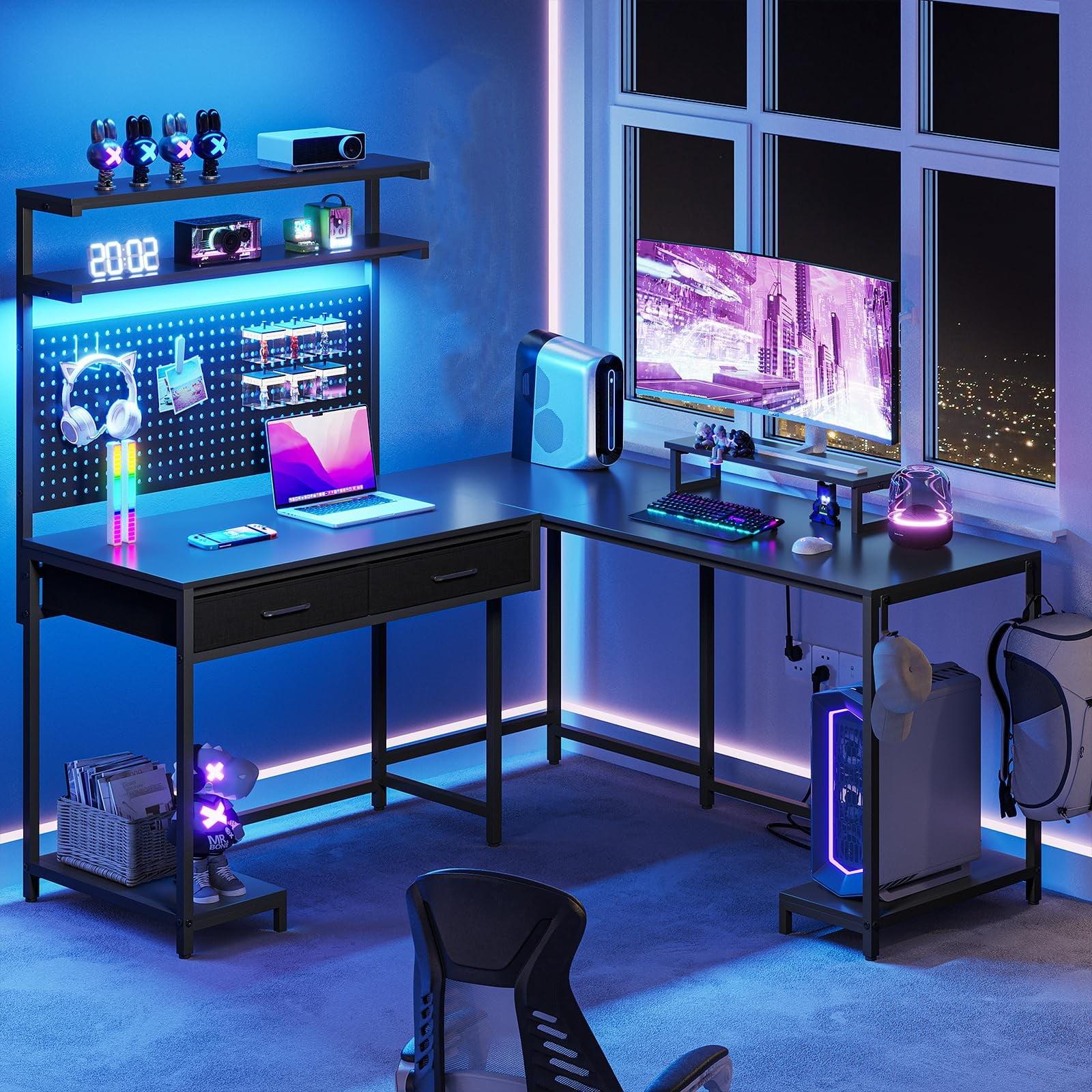 L-Shaped Computer Desk with LED Lights & Hutch & Pegboard, Reversible Gaming Desk with Monitor Stand & Drawers for Home Office, Black