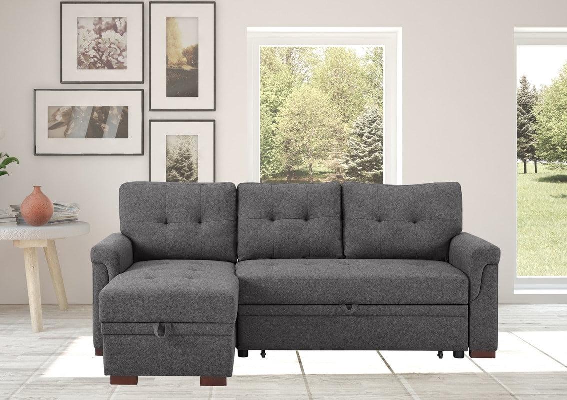 Hunter Light Gray Linen & Dark Grey Wood Sectional with Storage