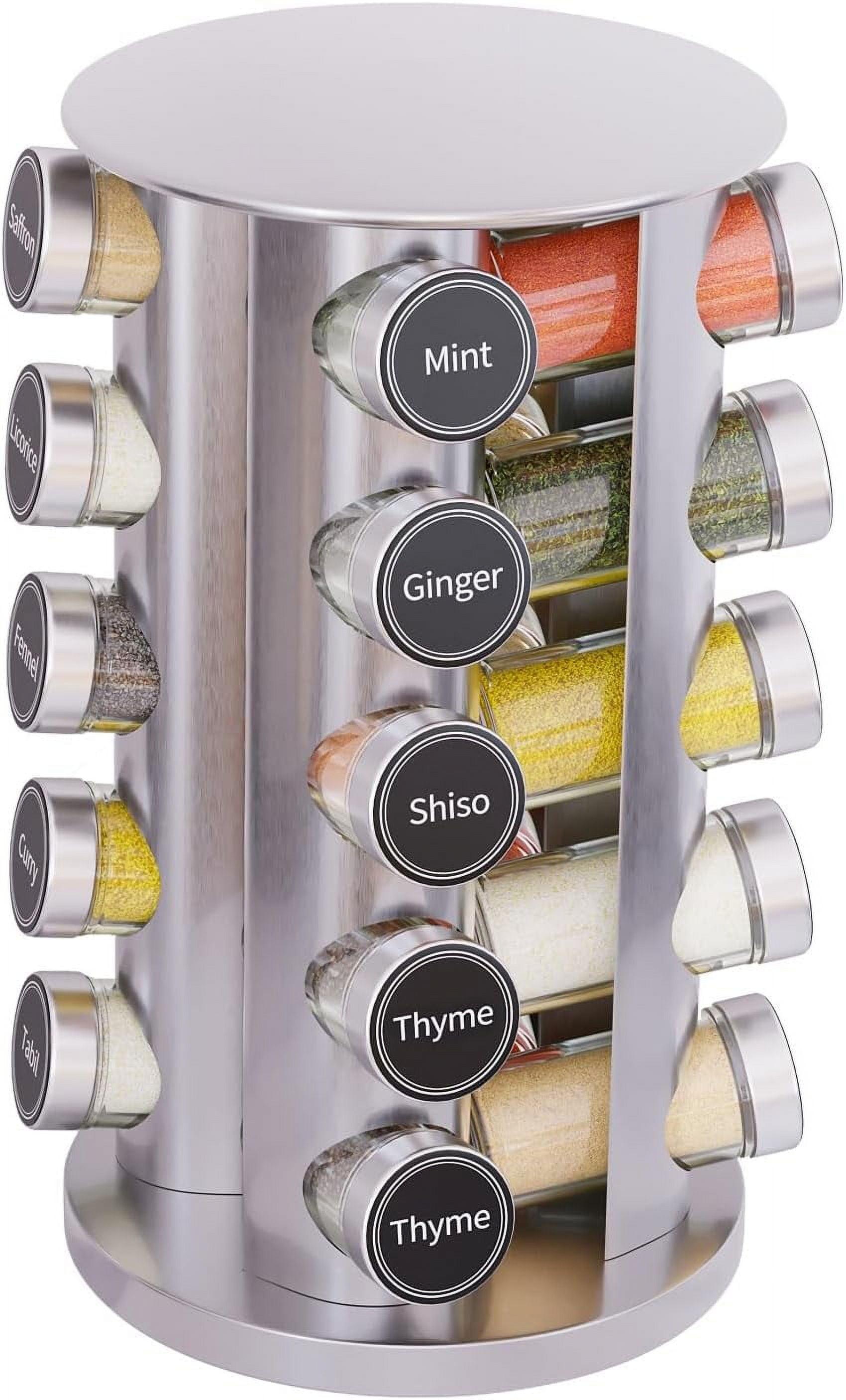 New England Stories Revolving Spice Rack Set with 20 Spice Jars - Kitchen Spice Tower Organizer for Countertop or Cabinet, Includes 386 Spice Labels, Rotating Desktop Seasoning Organizer
